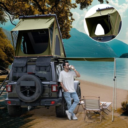 Gimago Outdoor Explorer Rooftop Tent – Hard Shell with Awning & Truck Bed Camping Setup